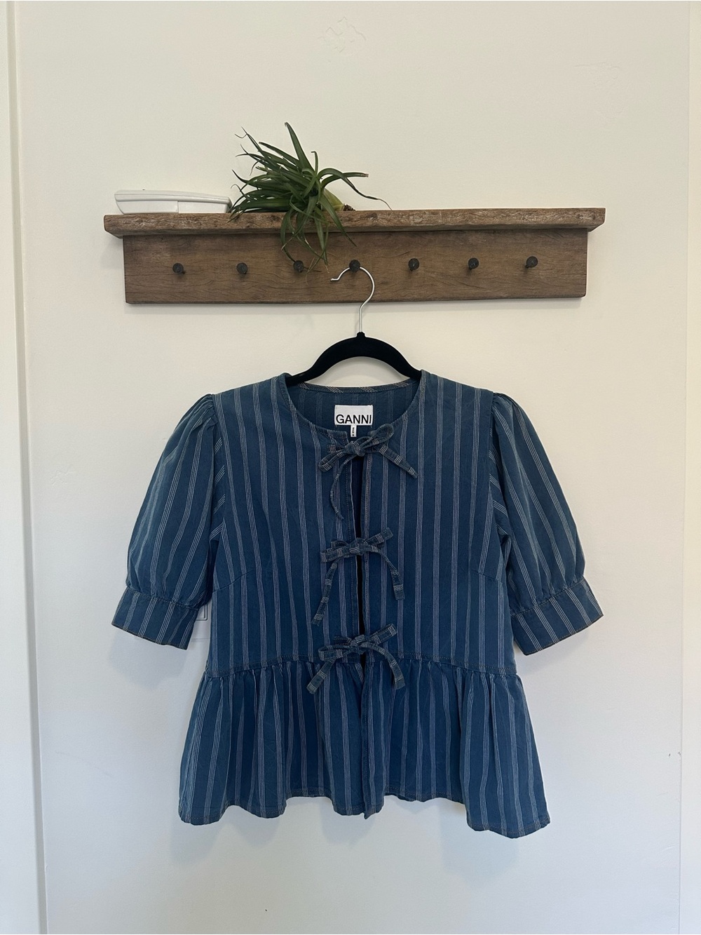 Ganni Blue Striped Tie-Front Peplum Blouse